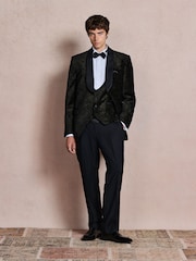 Black/Gold Paisley Printed Slim Fit Cotton Velvet Blazer - Image 2 of 6