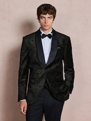 Black/Gold Paisley Printed Slim Fit Cotton Velvet Blazer - Image 4 of 6