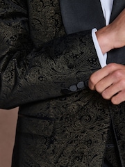 Black/Gold Paisley Printed Slim Fit Cotton Velvet Blazer - Image 6 of 6