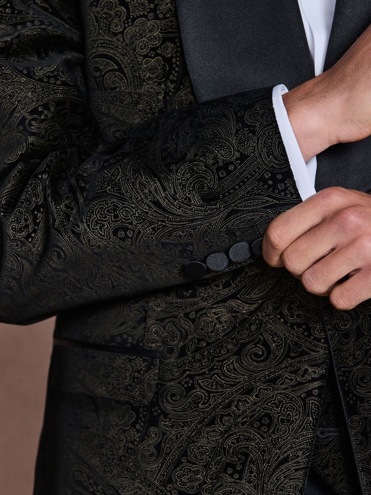 Black/Gold Paisley Printed Slim Fit Cotton Velvet Blazer - Image 6 of 6 Black/Gold Paisley Printed Slim Fit Cotton Velvet Blazer - Image 6 of 6