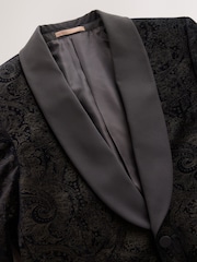 Black/Gold Paisley Printed Slim Fit Cotton Velvet Blazer - Image 9 of 12