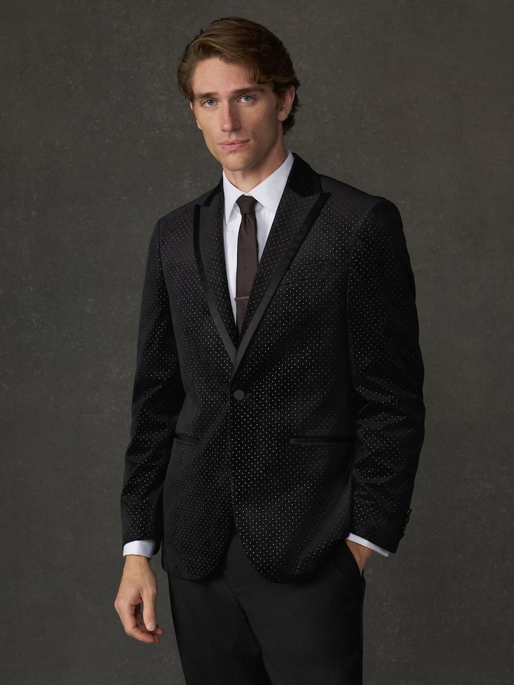 Black Polka Dot Regular Fit Patterned Velvet Blazer - Image 1 of 14