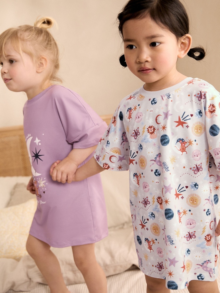 Pink/Cream Star/Moon Print Nighties 2 Pack (2-16yrs) - Image 1 of 8