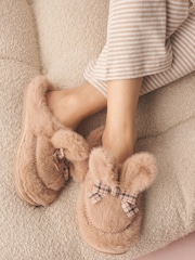 Tan Brown Check Faux Fur Bunny Mule Slippers - Image 1 of 8