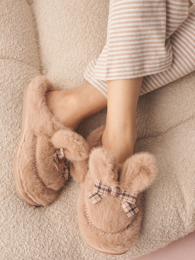 Tan Brown Check Faux Fur Bunny Mule Slippers - Image 1 of 8 Tan Brown Check Faux Fur Bunny Mule Slippers - Image 1 of 8