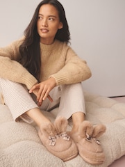 Tan Brown Check Faux Fur Bunny Mule Slippers - Image 2 of 8