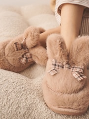 Tan Brown Check Faux Fur Bunny Mule Slippers - Image 3 of 8