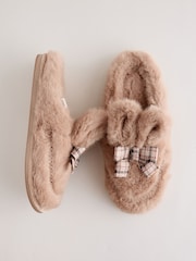 Tan Brown Check Faux Fur Bunny Mule Slippers - Image 4 of 8