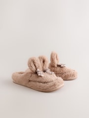 Tan Brown Check Faux Fur Bunny Mule Slippers - Image 5 of 8