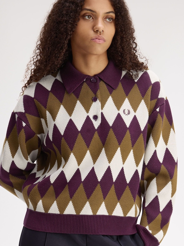 Fred Perry Purple Diamond Jacquard Knitted Jumper - Image 2 of 5 Fred Perry Purple Diamond Jacquard Knitted Jumper - Image 2 of 5