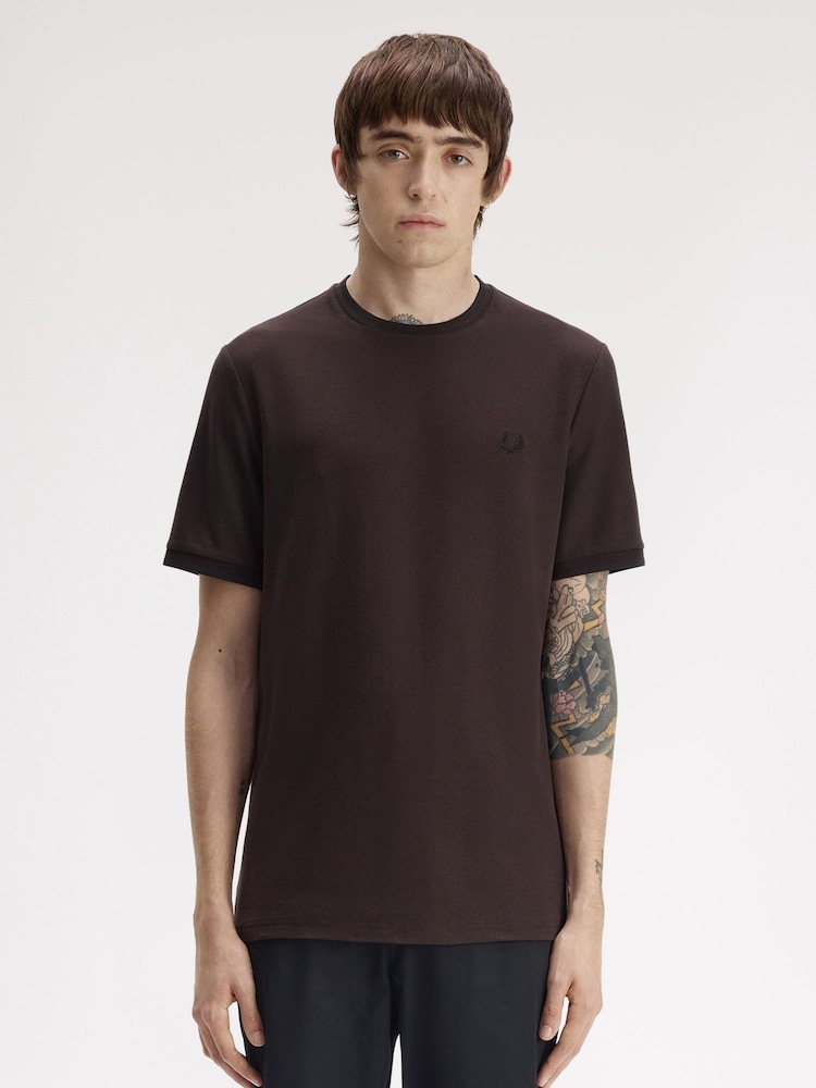 Fred Perry Brown Trim Detail Crepe Pique Tshirt - Image 1 of 5 Fred Perry Brown Trim Detail Crepe Pique Tshirt - Image 1 of 5
