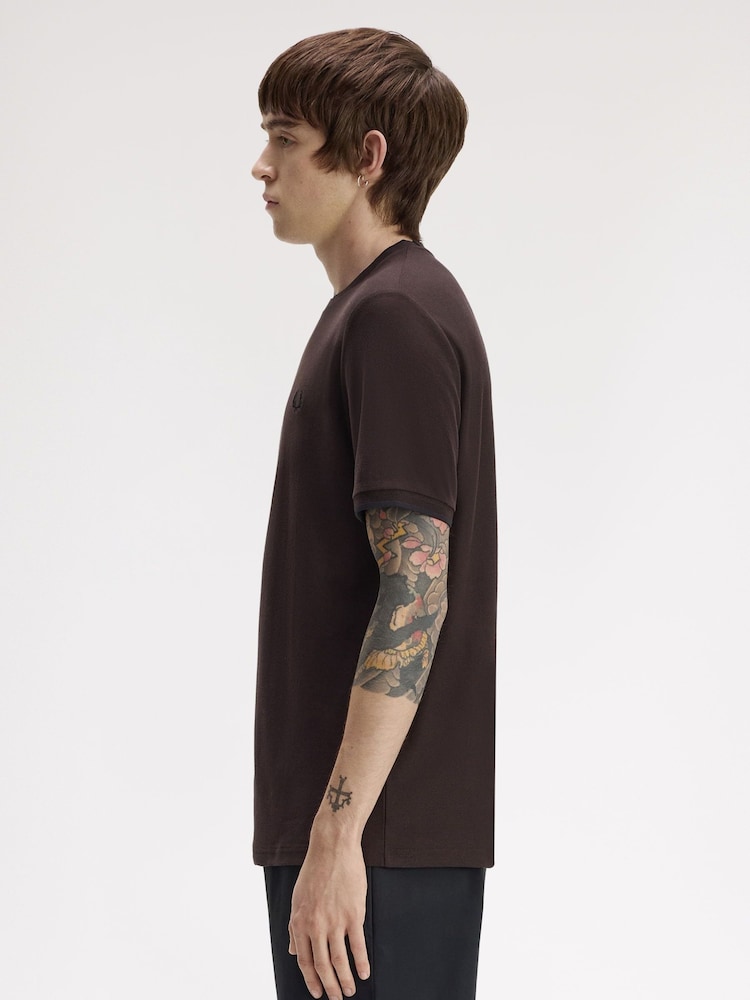 Fred Perry Brown Trim Detail Crepe Pique Tshirt - Image 2 of 5 Fred Perry Brown Trim Detail Crepe Pique Tshirt - Image 2 of 5