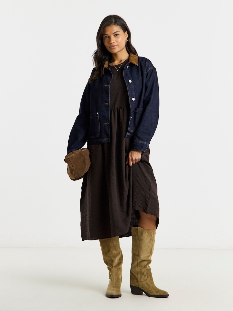 Simply Be Blue Cord Collar Denim Short Barn Jacket - Image 1 of 4