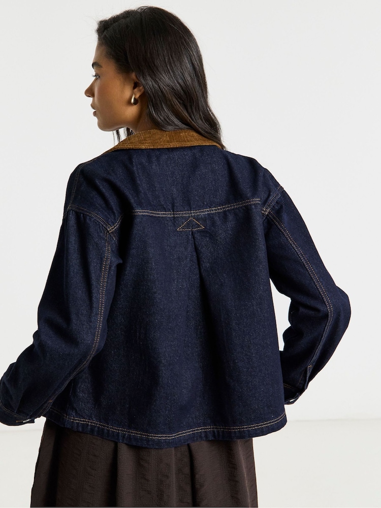 Simply Be Blue Cord Collar Denim Short Barn Jacket - Image 2 of 4