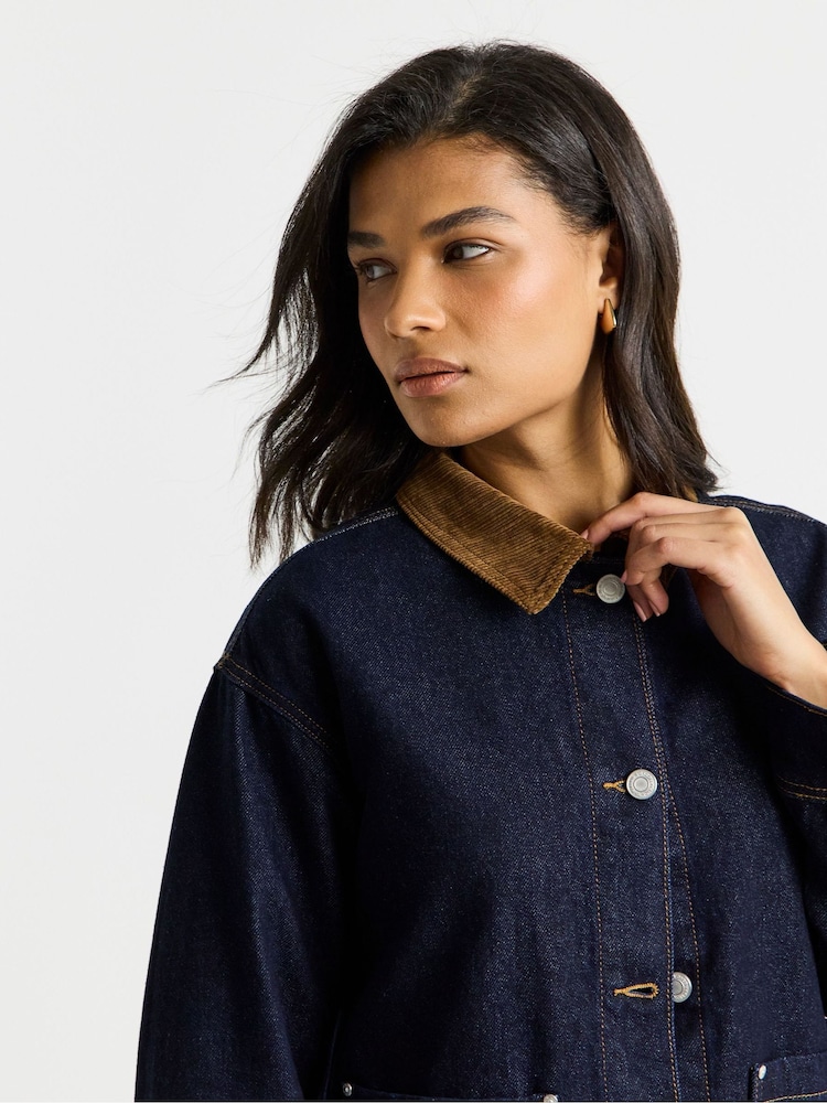 Simply Be Blue Cord Collar Denim Short Barn Jacket - Image 4 of 4