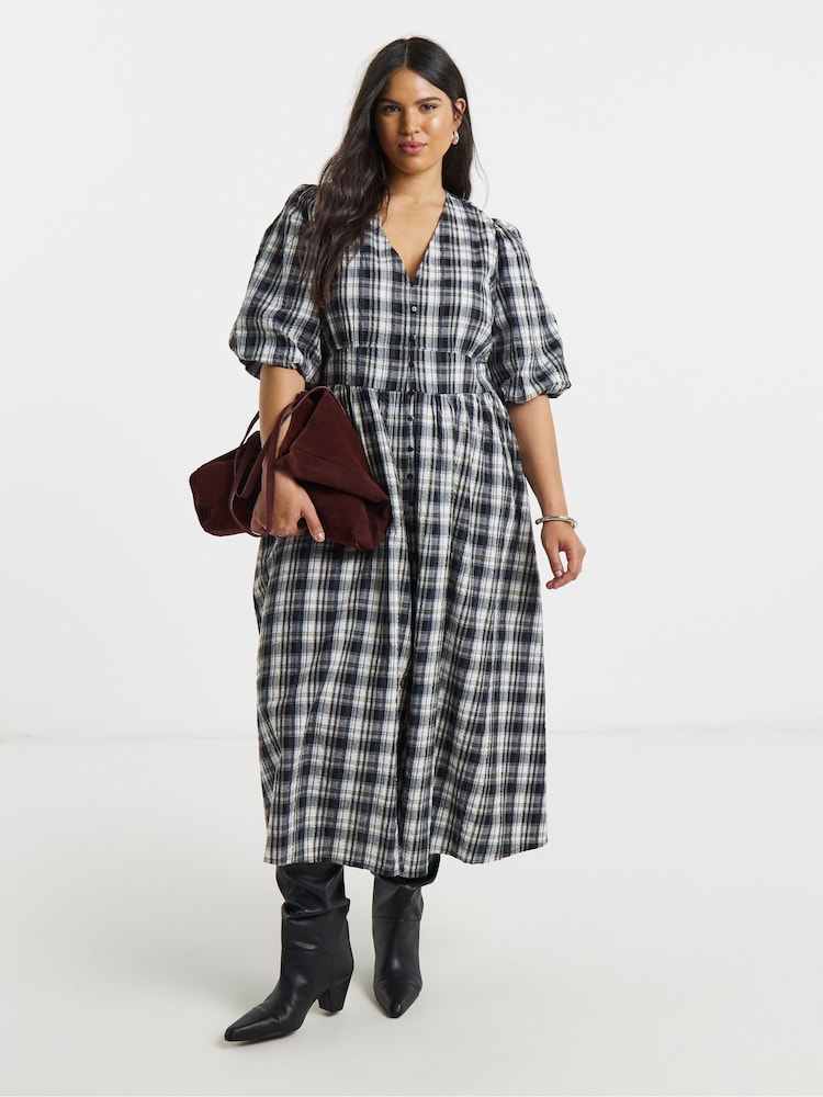 Simply Be Black Check Midi Dress - Image 1 of 4 Simply Be Black Check Midi Dress - Image 1 of 4