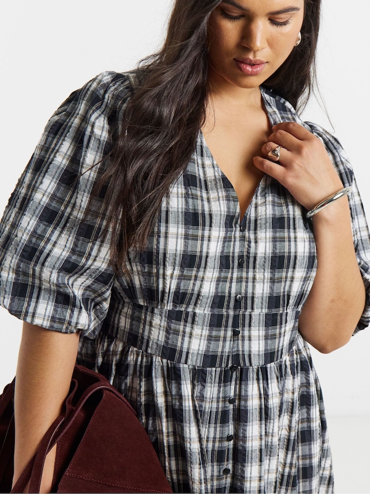 black check midi dress Black Check Drop Waist Midi Dress