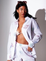 South Beach White Sequin Seashell Embroidered Long Sleeve Beach Shirt - Image 1 of 6