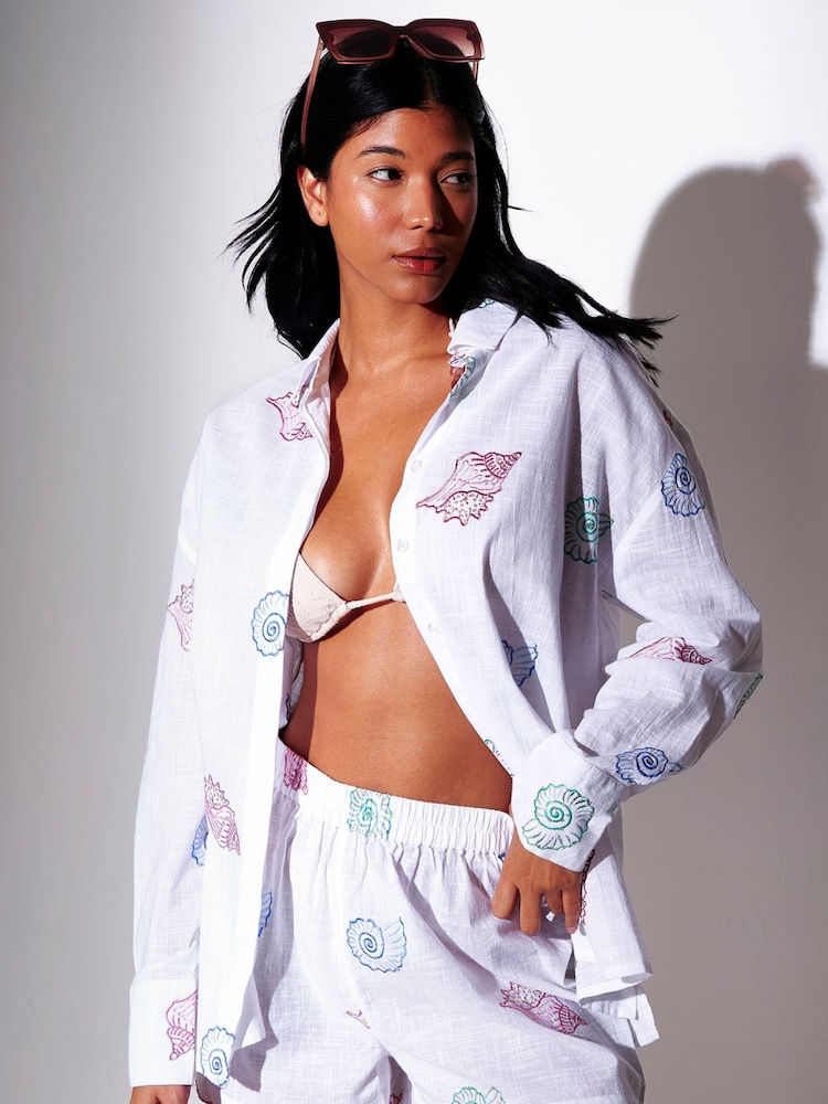 South Beach White Sequin Seashell Embroidered Long Sleeve Beach Shirt - Image 1 of 6