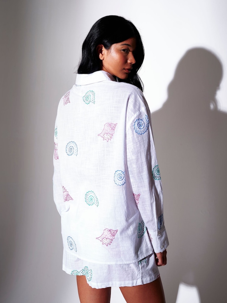 South Beach White Sequin Seashell Embroidered Long Sleeve Beach Shirt - Image 2 of 6