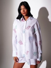 South Beach White Sequin Seashell Embroidered Long Sleeve Beach Shirt - Image 4 of 6