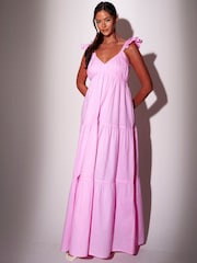 South Beach Pink 100% Cotton Frill Sleeve Tiered Maxi Dress - Image 1 of 4