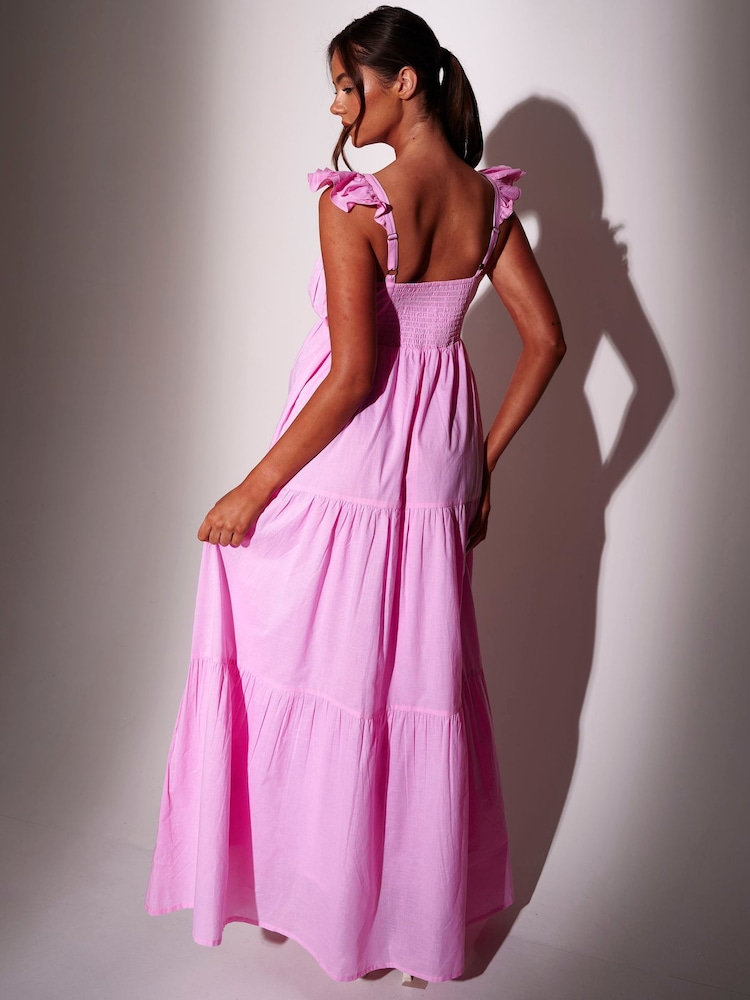 South Beach Pink 100% Cotton Frill Sleeve Tiered Maxi Dress - Image 4 of 4 South Beach Pink 100% Cotton Frill Sleeve Tiered Maxi Dress - Image 4 of 4