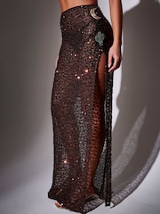 South Beach Brown Sequin Crochet Beaded Cactus Front Split Maxi Skirt - Image 3 of 5