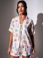 South Beach White Postcard Printed Tie Front Boxy Beach Shirt - Image 1 of 5