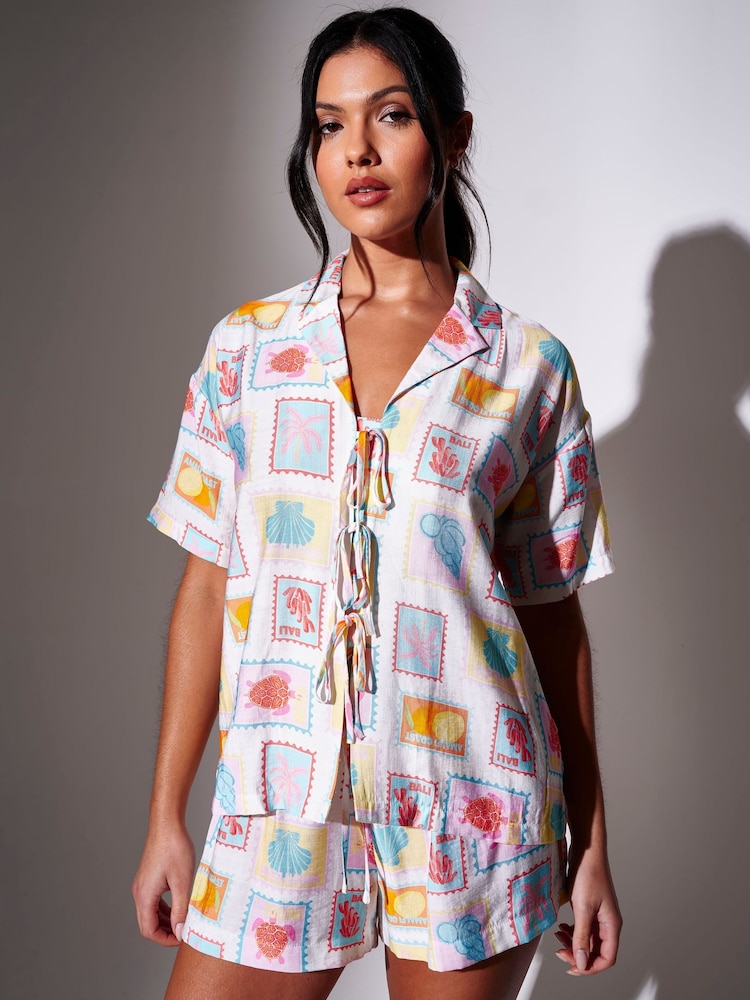 South Beach White Postcard Printed Tie Front Boxy Beach Shirt - Image 1 of 5