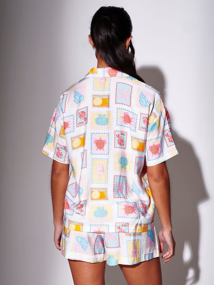 South Beach White Postcard Printed Tie Front Boxy Beach Shirt - Image 2 of 5