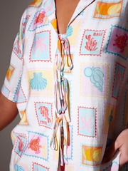 South Beach White Postcard Printed Tie Front Boxy Beach Shirt - Image 5 of 5