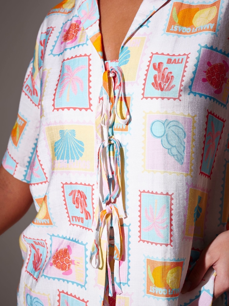 South Beach White Postcard Printed Tie Front Boxy Beach Shirt - Image 5 of 5