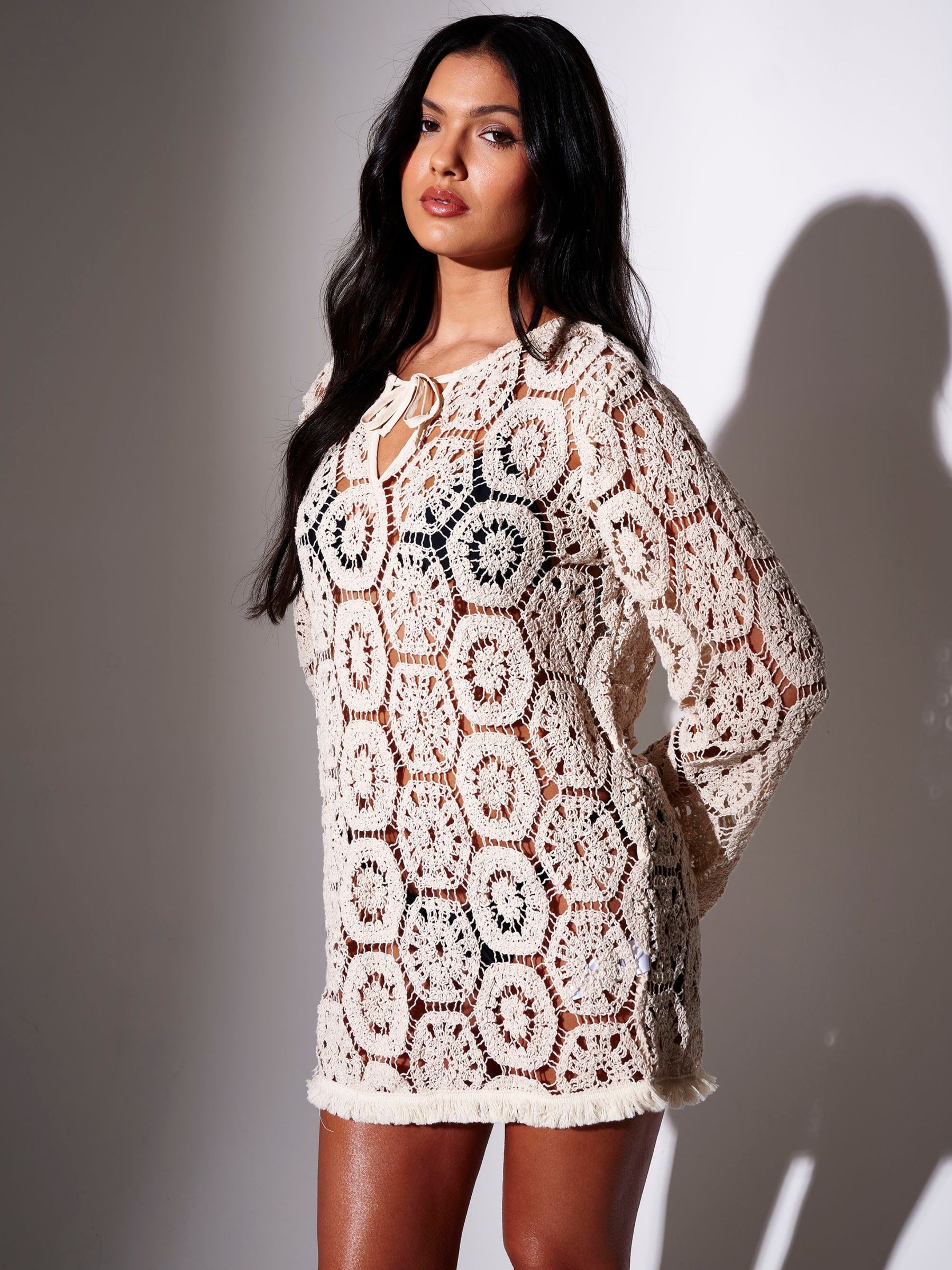 Buy South Beach Natural Crochet Fringe Tunic Long Sleeve Mini Beach ...