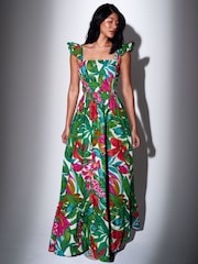 South Beach Green Floral Printed Smocked Bodice Frill Sleeve Maxi Dress - Image 1 of 4