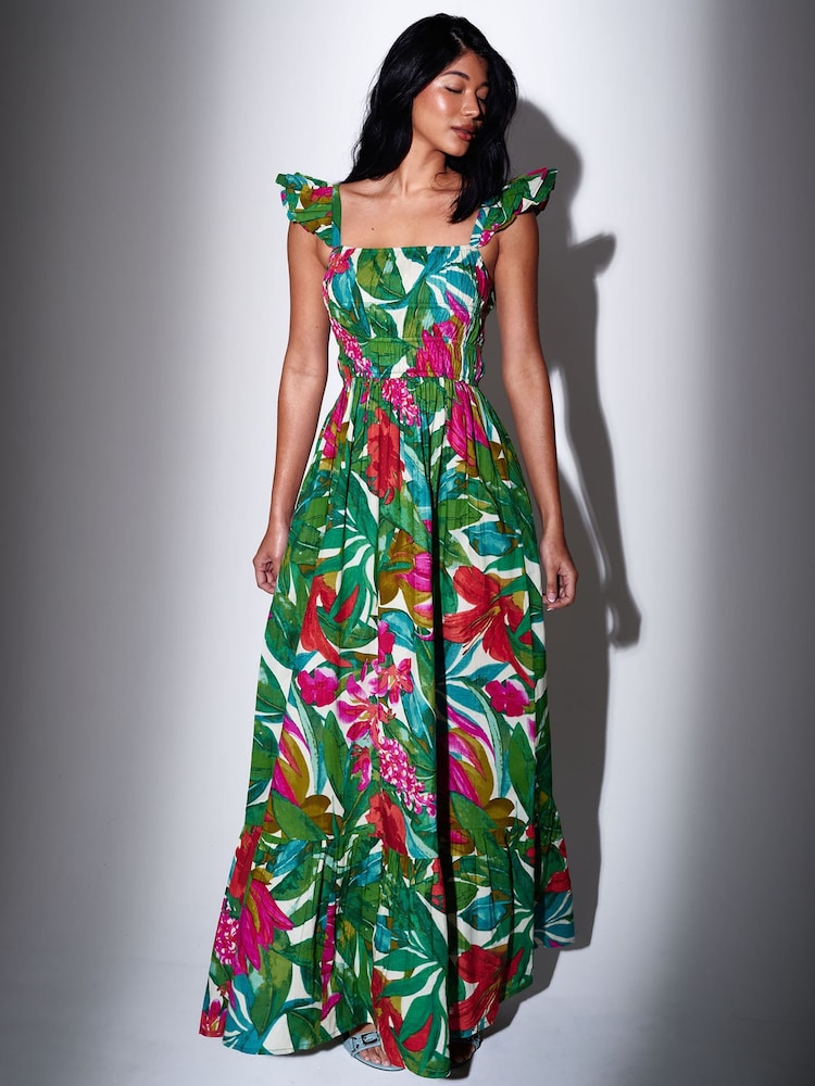 South Beach Green Floral Printed Smocked Bodice Frill Sleeve Maxi Dress - Image 1 of 4 South Beach Green Floral Printed Smocked Bodice Frill Sleeve Maxi Dress - Image 1 of 4