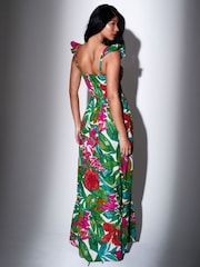 South Beach Green Floral Printed Smocked Bodice Frill Sleeve Maxi Dress - Image 2 of 4
