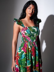 South Beach Green Floral Printed Smocked Bodice Frill Sleeve Maxi Dress - Image 3 of 4