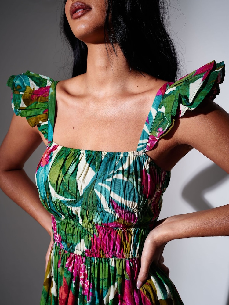 South Beach Green Floral Printed Smocked Bodice Frill Sleeve Maxi Dress - Image 4 of 4 South Beach Green Floral Printed Smocked Bodice Frill Sleeve Maxi Dress - Image 4 of 4