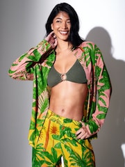 South Beach Green Metallic Stripe Palm Printed Long Sleeve Beach Shirt - Image 1 of 5