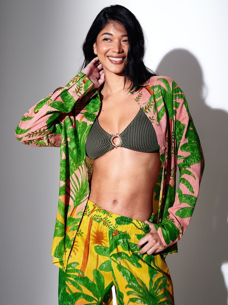 South Beach Green Metallic Stripe Palm Printed Long Sleeve Beach Shirt - Image 1 of 5