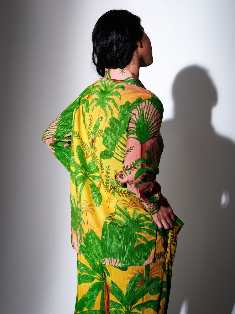 South Beach Green Metallic Stripe Palm Printed Long Sleeve Beach Shirt - Image 2 of 5