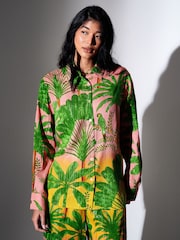 South Beach Green Metallic Stripe Palm Printed Long Sleeve Beach Shirt - Image 3 of 5