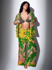 South Beach Green Metallic Stripe Palm Printed Long Sleeve Beach Shirt - Image 5 of 5