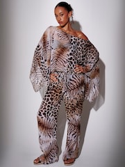 South Beach Animal Leopard Lettuce Edge Straight Leg Sheer Beach Trousers - Image 1 of 7