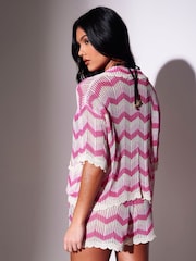 South Beach Pink Knitted Crochet Chevron Short Sleeve Shirt - Image 2 of 5