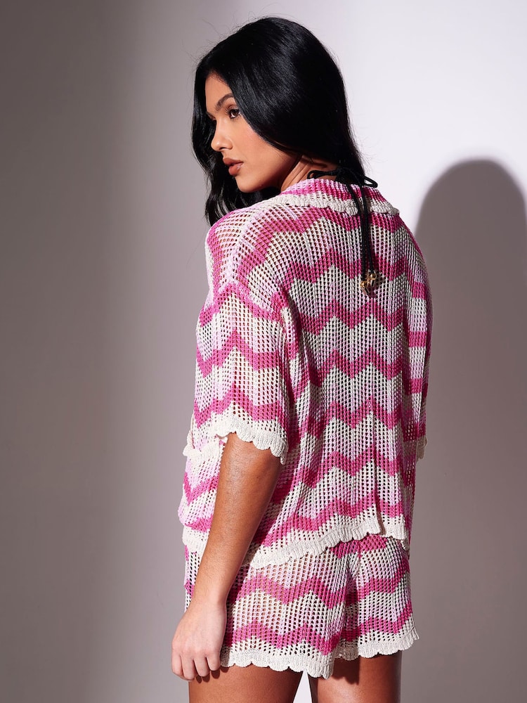 South Beach Pink Knitted Crochet Chevron Short Sleeve Shirt - Image 2 of 5