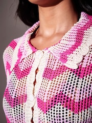 South Beach Pink Knitted Crochet Chevron Short Sleeve Shirt - Image 3 of 5