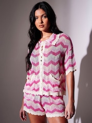 South Beach Pink Knitted Crochet Chevron Short Sleeve Shirt - Image 5 of 5