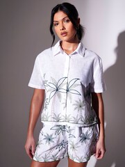 South Beach White Sequin Embroidered Palm Tree Short Sleeve Beach Shirt - Image 4 of 6